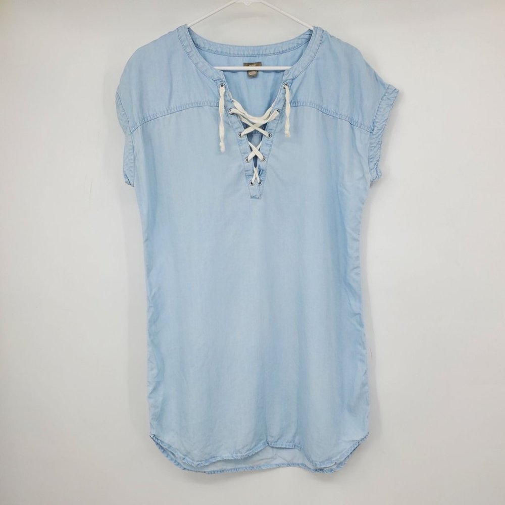 Aerie Chambray Lace Up Neck Women's Dolman Sleeve Shirt Dress Small